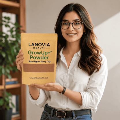 Lanovia Health GrowUp+™ herbal wellness powder for growth support, showcasing the herbal powder in a natural setting.