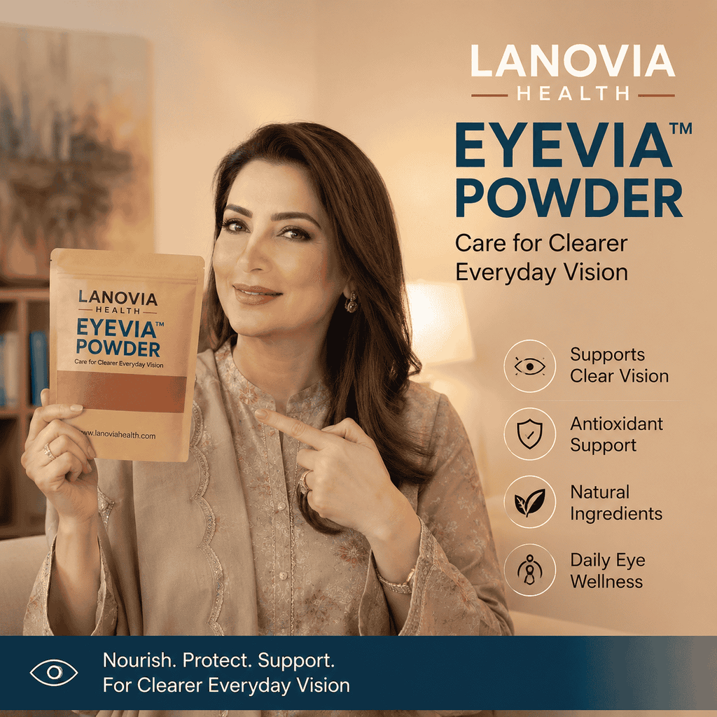 Lanovia Health Eyevia™ Powder herbal supplement for natural eye care, featuring herbal ingredients for healthy, refreshed eyes.
