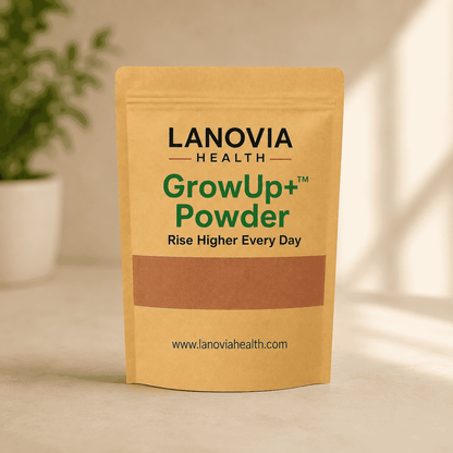 Lanovia Health GrowUp+™ herbal wellness powder for supporting growth and nutrition, featuring natural herbal ingredients.