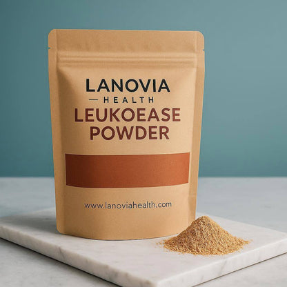 Lanovia Health LeukoEase Powder, herbal supplement for women's wellness, showing the powder in a clear container with herbal ingredients.